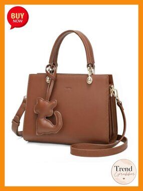 Vegan Leather Top Handle Satchel Crossbody Bag with Cat Pendant